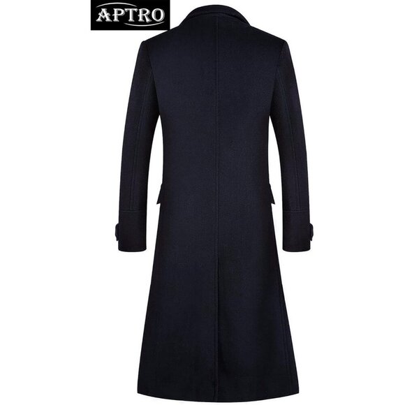 Men's Navy Luxury Full Length Trench Coat Long Wool Overcoat Winter Windbreaker - Picture 2 of 5